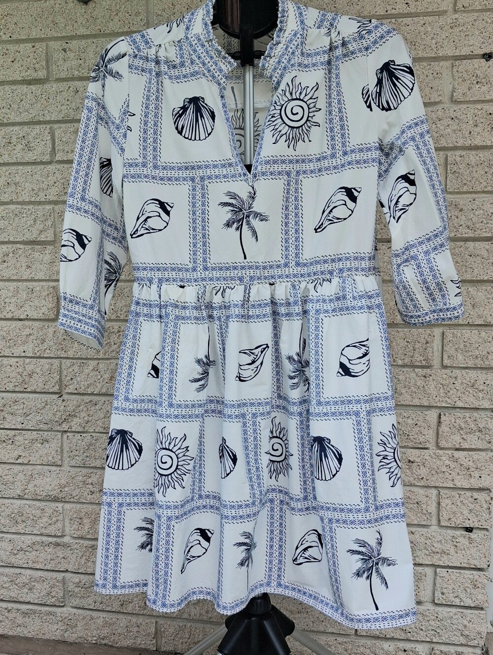 CALYPSO ST BARTH Zoe Beach Dress Blue White Poplin Mini Seashell Palm Tree